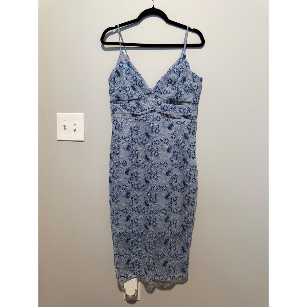 Bardot Light Blue Floral Lace Midi Dress V-Neck Sheath US 10 L